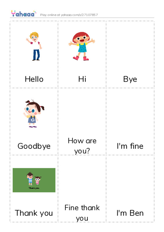 Picture flashcards worksheet for Hello, Hi, Bye and 7 more