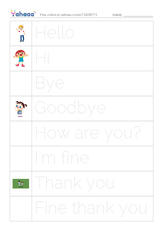 Picture and word rows worksheet for Hello, Hi, Bye and 7 more