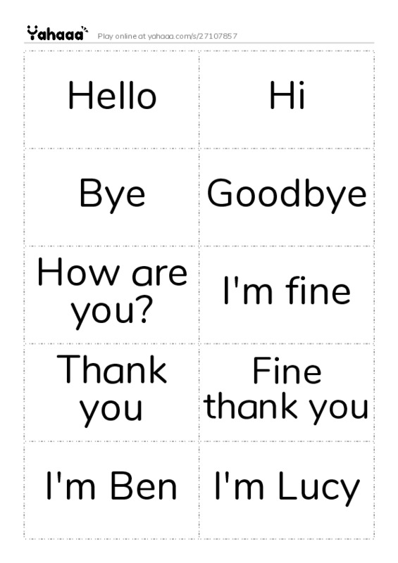 Word flashcards worksheet for Hello, Hi, Bye and 7 more