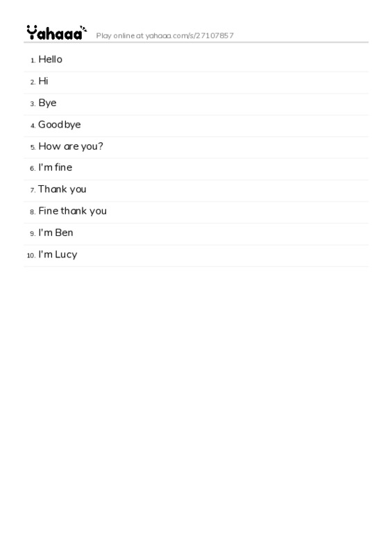 Word list with meanings worksheet for Hello, Hi, Bye and 7 more