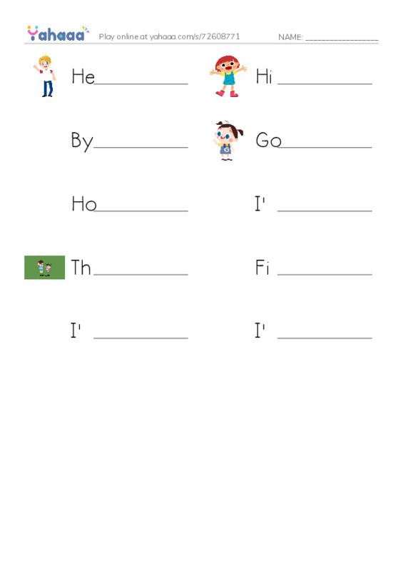 Write the word rows worksheet for Hello, Hi, Bye and 7 more