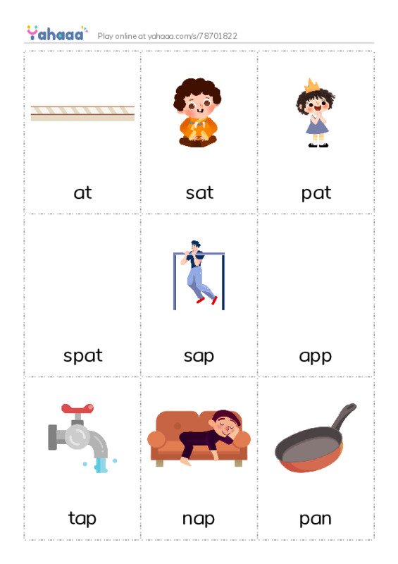 Picture flashcards worksheet for at, sat, pat and 9 more