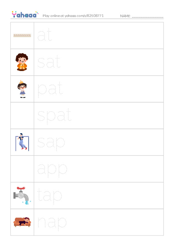 Picture and word rows worksheet for at, sat, pat and 9 more