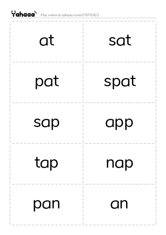 Word flashcards worksheet for at, sat, pat and 9 more