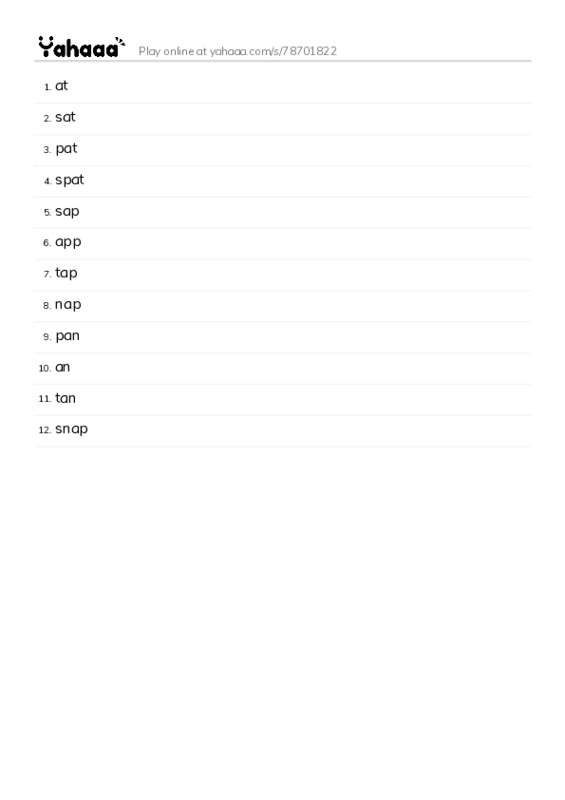Word list with meanings worksheet for at, sat, pat and 9 more