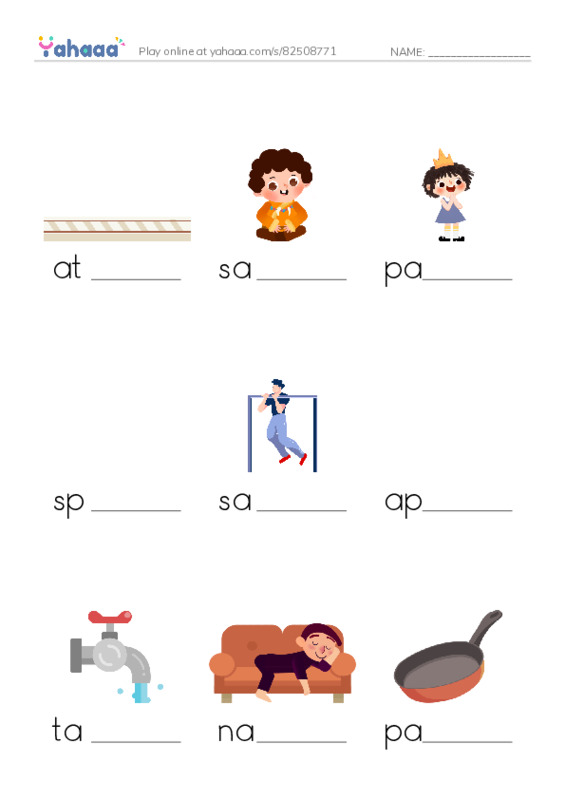 Finish the word worksheet for at, sat, pat and 9 more