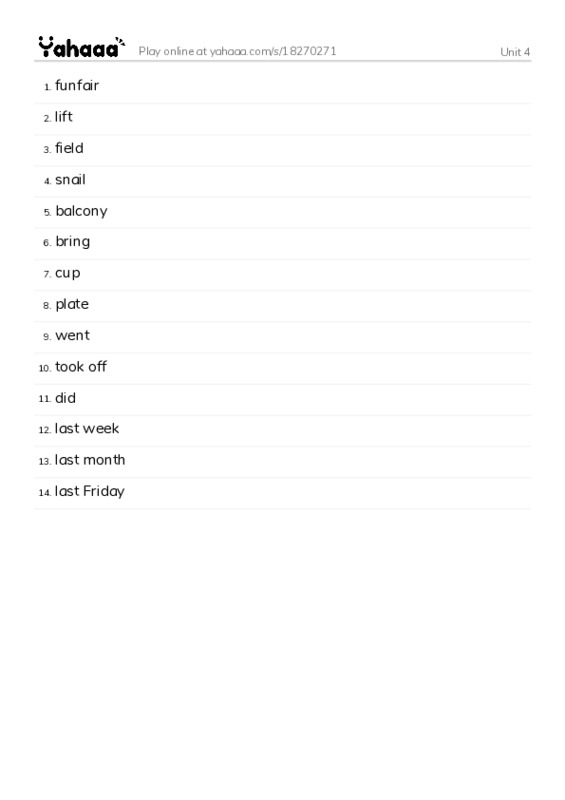 Word list with meanings worksheet for Unit 4