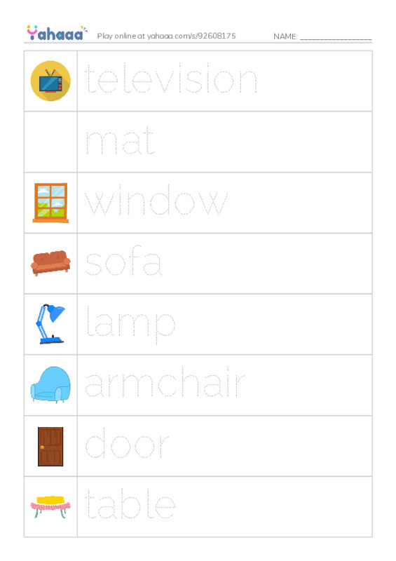 Picture and word rows worksheet for At home
