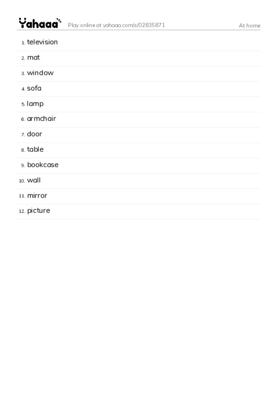 Word list with meanings worksheet for At home