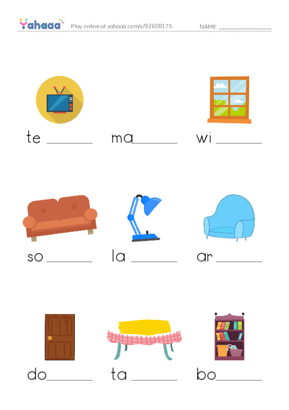 Finish the word worksheet for At home