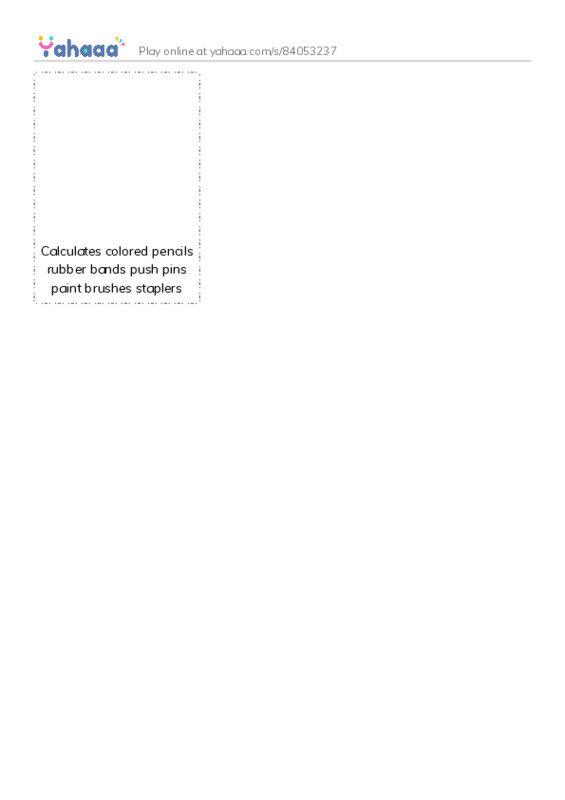 Picture flashcards worksheet for Calculates colored pencils rubber bands push pins paint brushes staplers