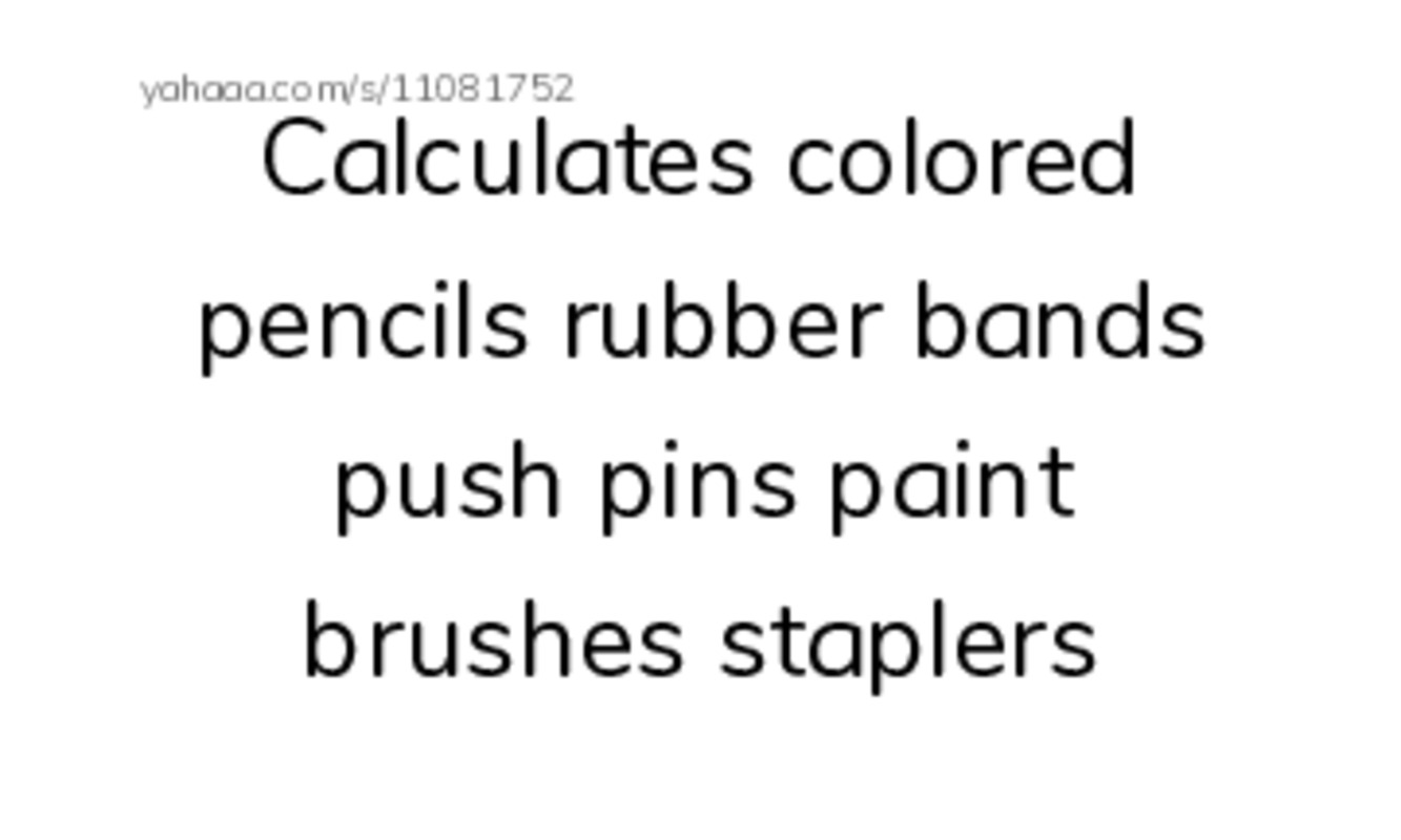 Index cards, words only worksheet for Calculates colored pencils rubber bands push pins paint brushes staplers