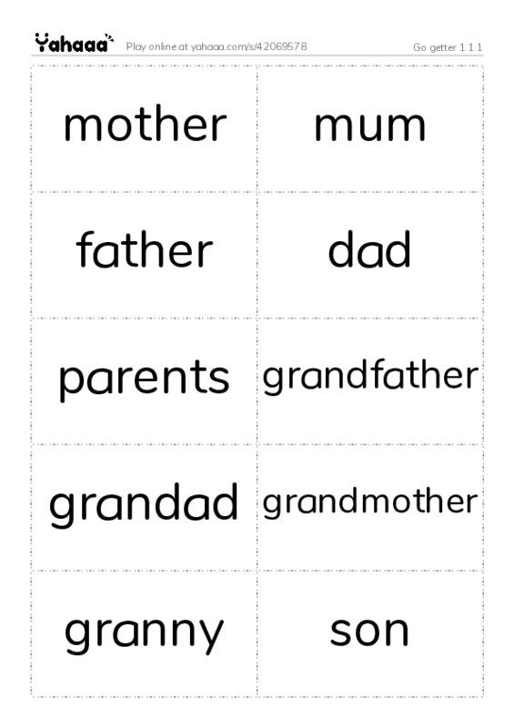 Word flashcards worksheet for Go getter 1 1.1