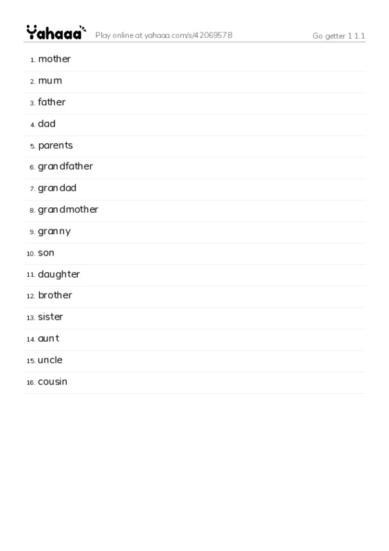 Word list with meanings worksheet for Go getter 1 1.1