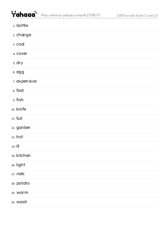 Word list with meanings worksheet for 1000 words book 1 unit 10