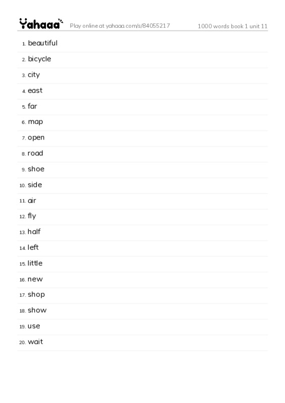 Word list with meanings worksheet for 1000 words book 1 unit 11