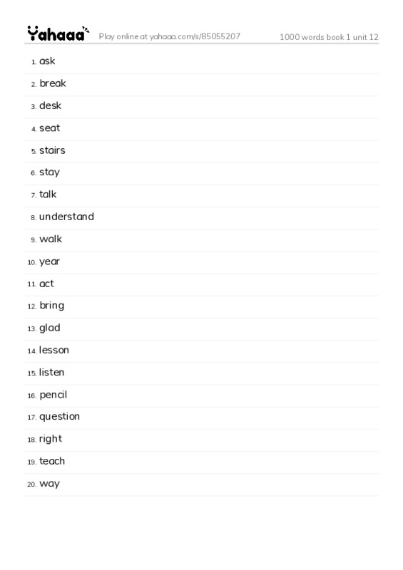 Word list with meanings worksheet for 1000 words book 1 unit 12