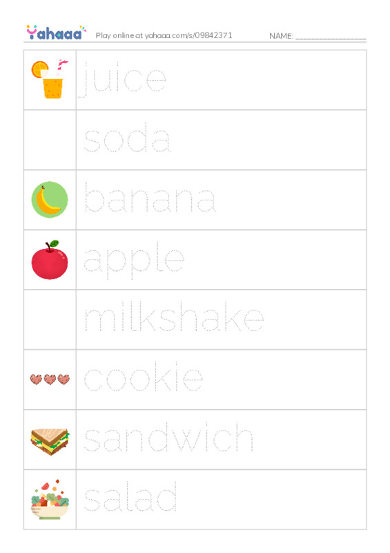 Picture and word rows worksheet for Unit 8: Food