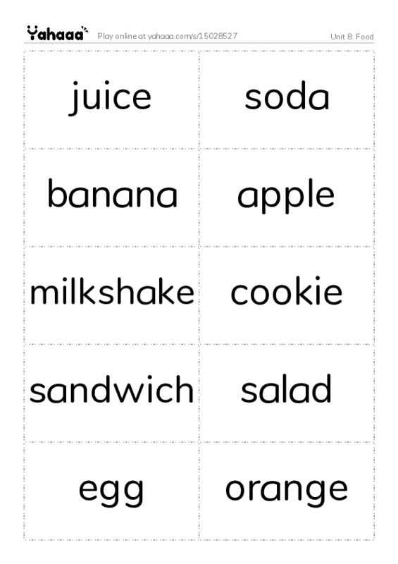 Word flashcards worksheet for Unit 8: Food