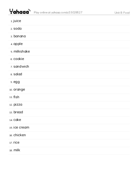 Word list with meanings worksheet for Unit 8: Food