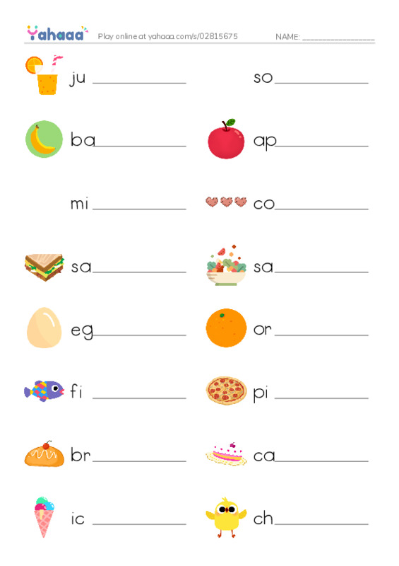 Write the word rows worksheet for Unit 8: Food
