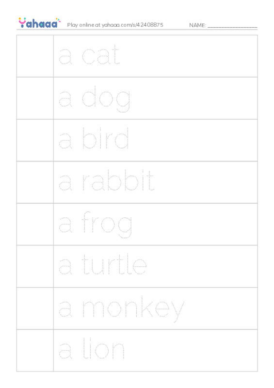 Picture and word rows worksheet for Unit 8: Animals