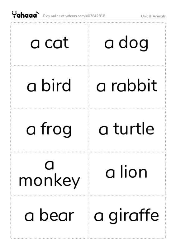 Word flashcards worksheet for Unit 8: Animals