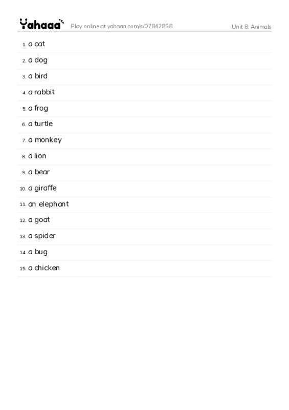 Word list with meanings worksheet for Unit 8: Animals