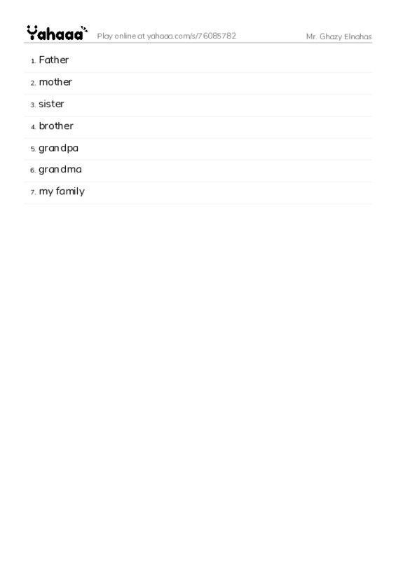 Word list with meanings worksheet for Mr. Ghazy Elnahas