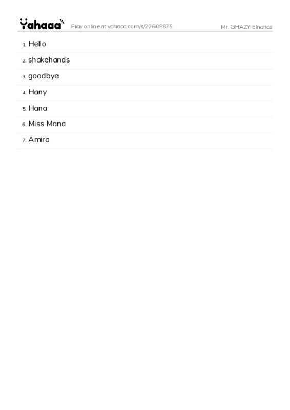 Word list with meanings worksheet for Mr. GHAZY Elnahas