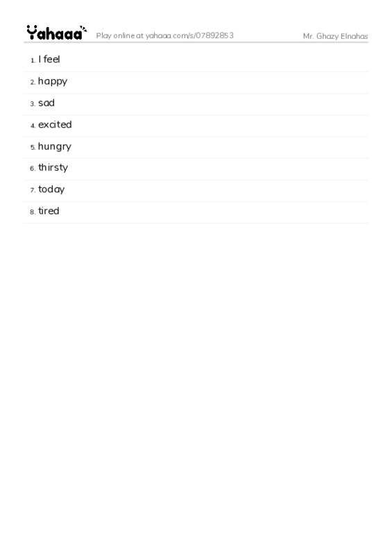 Word list with meanings worksheet for Mr. Ghazy Elnahas