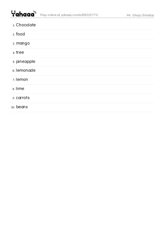 Word list with meanings worksheet for Mr. Ghazy Elnahas