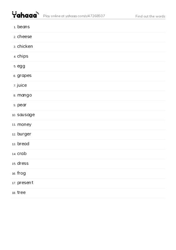 Word list with meanings worksheet for Find out the words