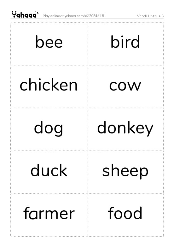 Word flashcards worksheet for Vocab Unit 5 + 6
