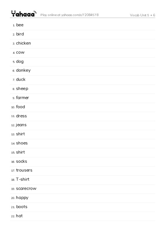 Word list with meanings worksheet for Vocab Unit 5 + 6