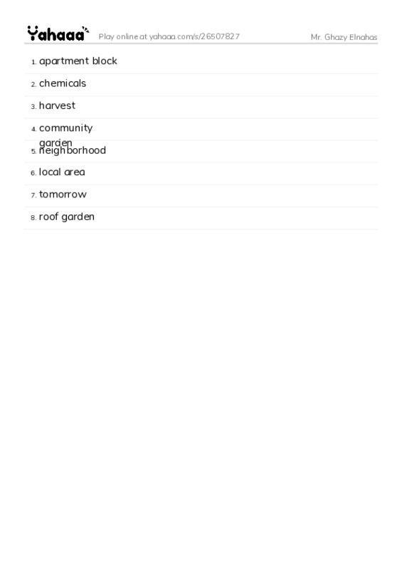 Word list with meanings worksheet for Mr. Ghazy Elnahas