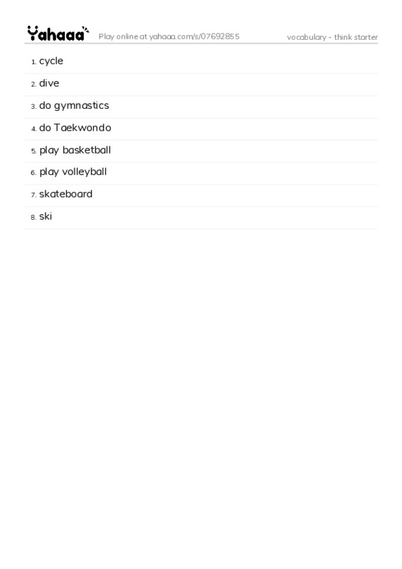 Word list with meanings worksheet for vocabulary - think starter