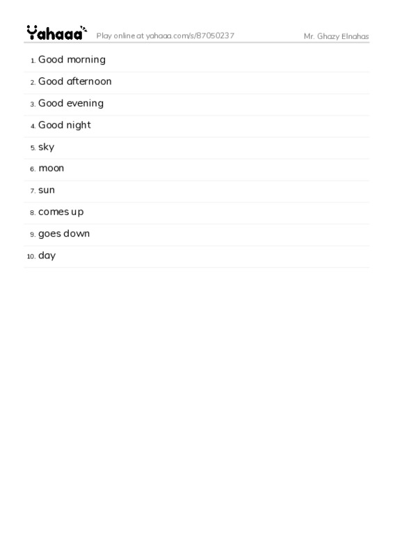Word list with meanings worksheet for Mr. Ghazy Elnahas