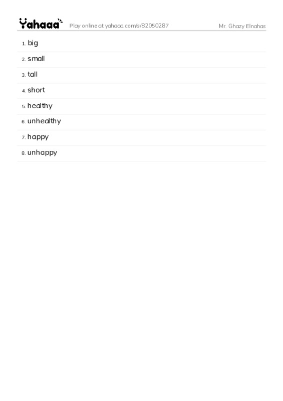 Word list with meanings worksheet for Mr. Ghazy Elnahas