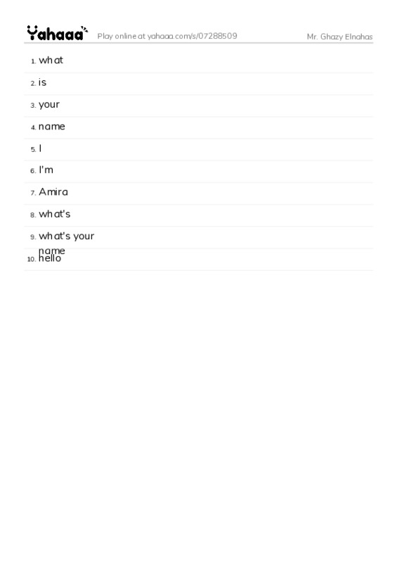 Word list with meanings worksheet for Mr. Ghazy Elnahas