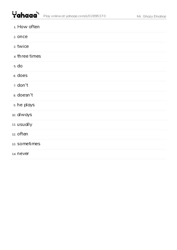 Word list with meanings worksheet for Mr. Ghazy Elnahas