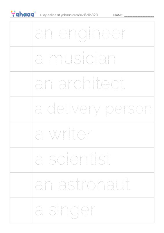 Picture and word rows worksheet for Jobs