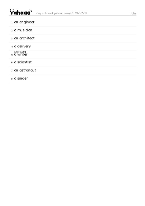 Word list with meanings worksheet for Jobs