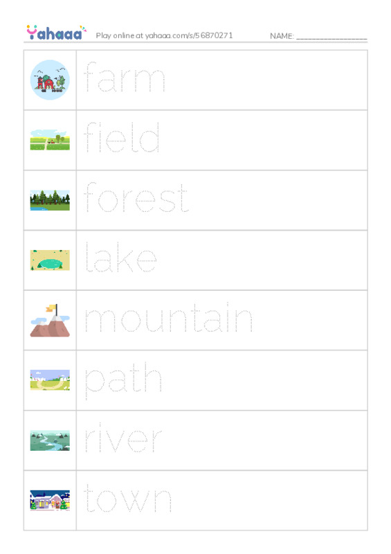 Picture and word rows worksheet for Unit 6: Here and There