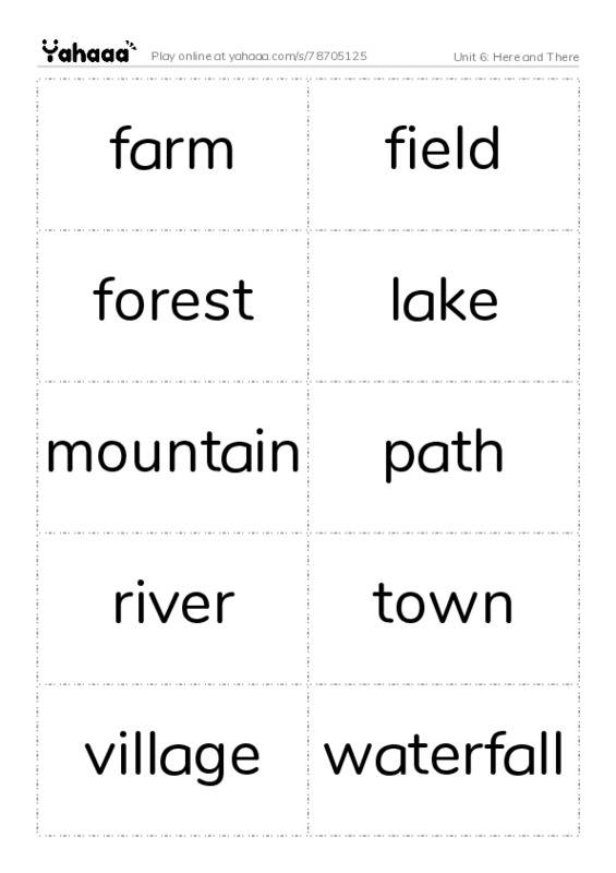 Word flashcards worksheet for Unit 6: Here and There
