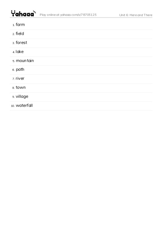 Word list with meanings worksheet for Unit 6: Here and There