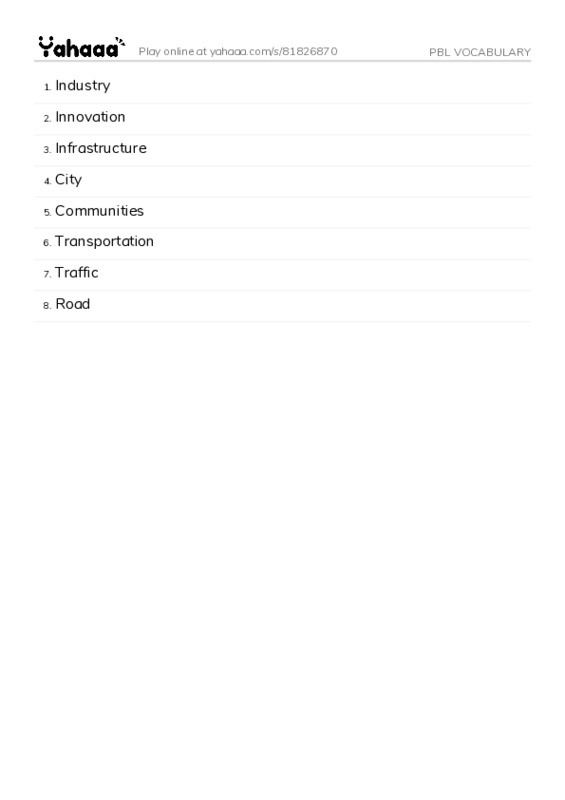 Word list with meanings worksheet for PBL VOCABULARY