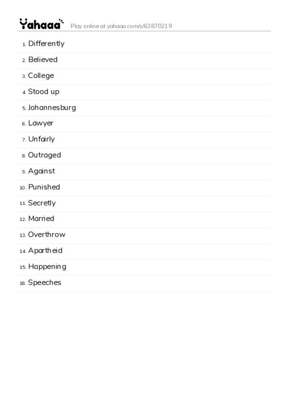 Word list with meanings worksheet for Lesson 1