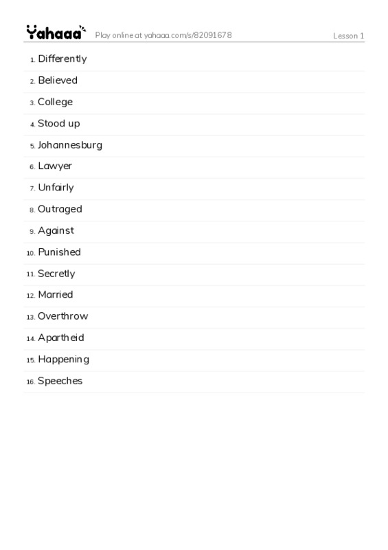 Word list with meanings worksheet for Lesson 1