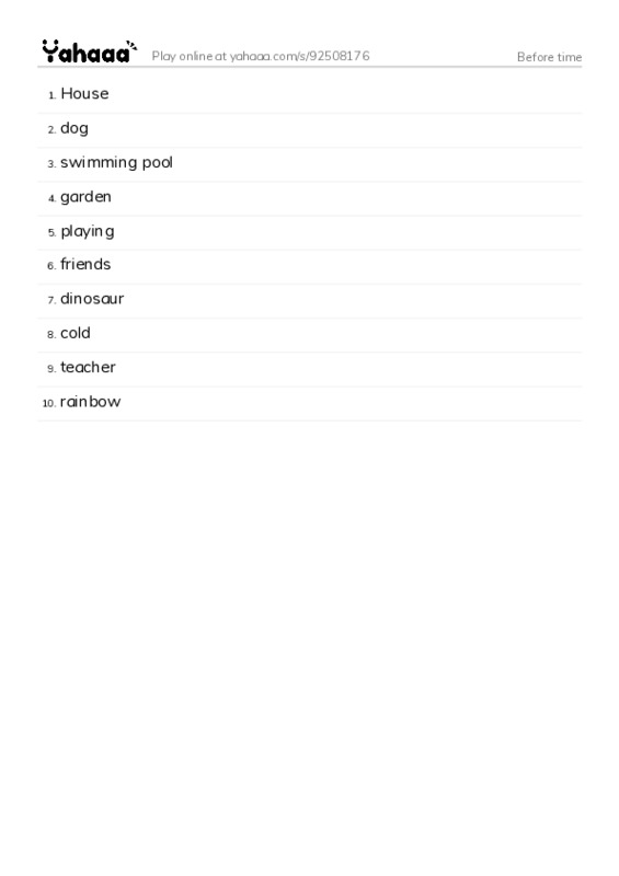 Word list with meanings worksheet for Before time